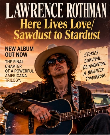 Album poster for Lawrence Rothman's Here Lives Love/Sawdust to Stardust featuring the artist in a cowboy hat with an acoustic guitar at sunset.
