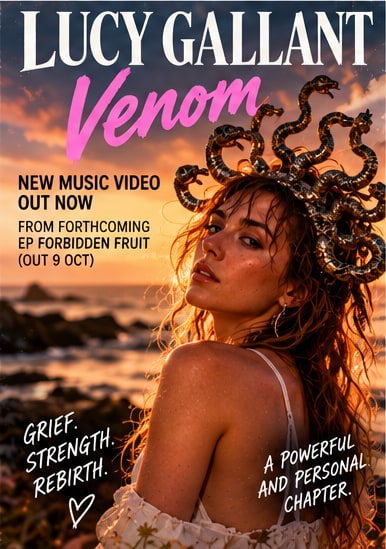 Music video poster for Lucy Gallant's Venom featuring the singer wearing an intricate Medusa snake crown on a coastal beach.