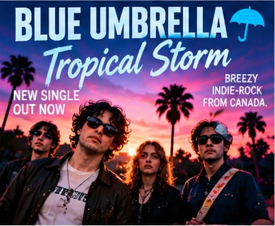 Single art for Blue Umbrella's Tropical Storm featuring four band members against a dusk sunset sky with silhouette palm trees.