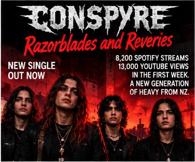 Single poster for CONSPYRE's Razorblades and Reveries showing the four young melodic death-metal band members against a fiery red apocalyptic skyline.