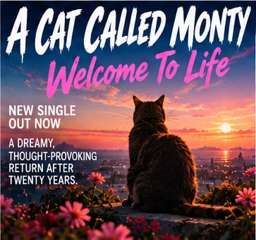 Artwork for A Cat Called Monty's Welcome To Life depicting a cat sitting on a ledge overlooking a sunset city with pink flowers.