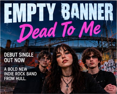 Band promotional portrait of Hull indie-rock outfit Empty Banner for their debut single Dead To Me in front of an urban bridge.
