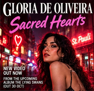 Single cover for Gloria de Oliveira's Sacred Hearts set amidst the red neon lights and night streets of Hamburg's St. Pauli.
