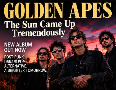 Album promotional art for Golden Apes' The Sun Came Up Tremendously depicting the band against a twilight sunset horizon.