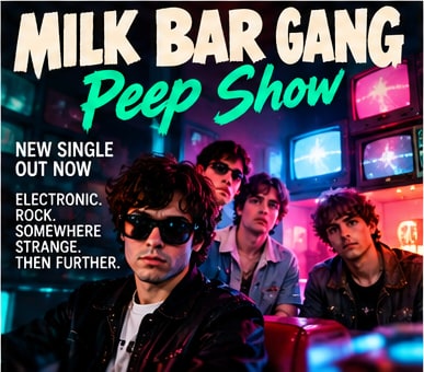 Band portrait of Milk Bar Gang surrounded by glowing retro television screens and neon lighting for single Peep Show.
