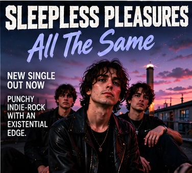Trio photo of indie-rock band Sleepless Pleasures on an evening rooftop at dusk for their single All The Same.