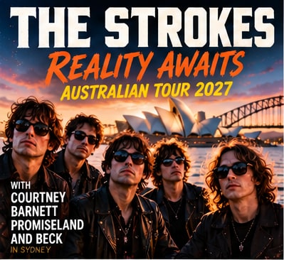 Tour poster for The Strokes' Reality Awaits Australian Tour 2027 featuring the band overlooking Sydney Harbour and Opera House.