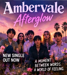Group portrait of Indonesian indie-rock band Ambervale standing in a wildflower field against a twilight sky for single Afterglow.