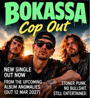 Trio portrait of Norwegian stoner-punk band BOKASSA wearing sunglasses and leather jackets for their single Cop Out.