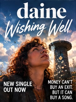 Dramatic outdoor portrait of daine looking toward a clouded sky next to a stone tower for new single Wishing Well.