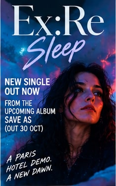 Artwork for Ex:Re's single Sleep showing Elena Tonra surrounded by deep nocturnal blues and glowing neon typography.