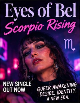 Atmospheric neon portrait of Eyes of Bel against purple and blue city lights for the single Scorpio Rising.