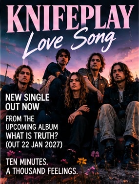 Promotional artwork for Knifeplay's ten-minute single Love Song featuring the Philadelphia six-piece against a soft dusky sky.