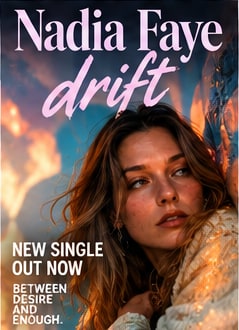 Warm sunlit portrait of New York songwriter Nadia Faye against a soft cyan sky for her single drift.
