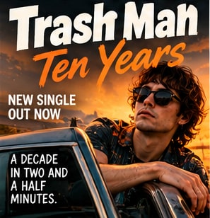 Nashville artist Alex Mojaverian of Trash Man leaning out of a vintage car window wearing sunglasses for new single Ten Years.