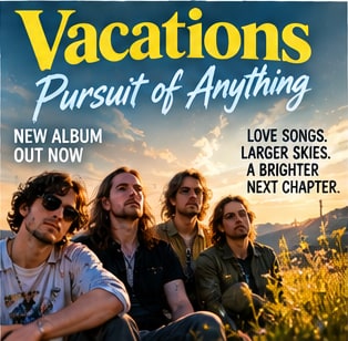 Australian indie-rock band Vacations sitting together on a grassy hill before scenic mountain ridges for album Pursuit of Anything.