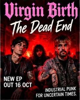 Band photo of Virgin Birth bathed in crimson red stage lighting for their upcoming industrial-punk EP The Dead End.