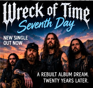Progressive-metal quartet Wreck of Time pictured in black stage attire against a dramatic desert sunset for single Seventh Day.