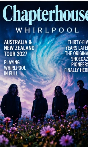 Tour poster for Chapterhouse Whirlpool 35th Anniversary Australasian Tour 2027 showing ethereal dream-pop floral landscape.