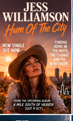 Poster for Jess Williamson's single Hum Of The City showing the Texas singer-songwriter framed in golden hour light with country-folk styling.