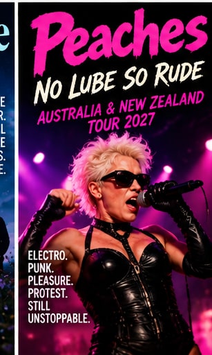 High-voltage tour poster for Peaches No Lube So Rude Australasian Tour 2027 depicting Peaches singing into a microphone in black stage gear.