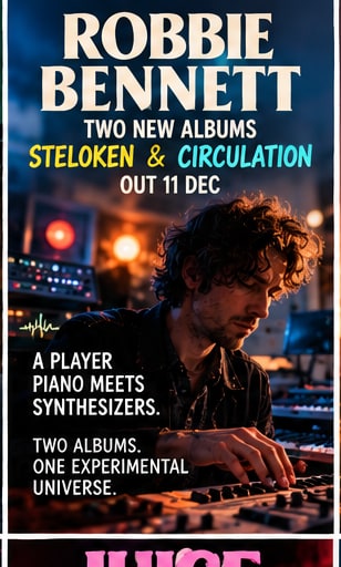 Promotional poster for Robbie Bennett's solo albums Steloken and Circulation featuring vintage modular synthesizers and keyboard setup.