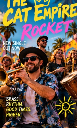 Vibrant festival poster for The Cat Empire single Rocket showing horn players in sunglasses under bright sunlight.