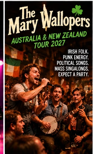 Folk-punk tour poster for The Mary Wallopers showing the band performing passionately with banjo and guitar under stage lights.