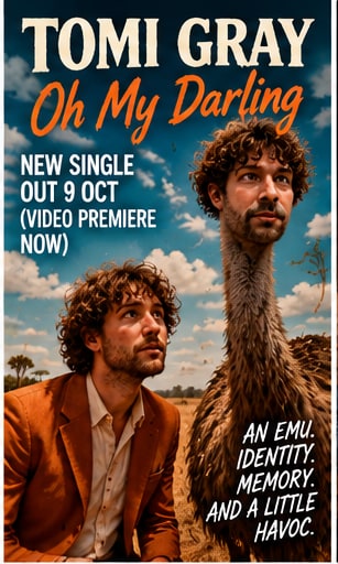 Surreal poster for Tomi Gray single Oh My Darling showing the artist standing alongside an emu wearing a prosthetic face mask.