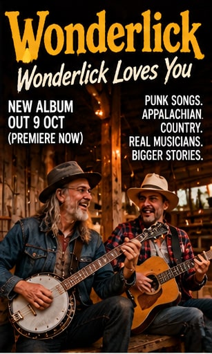 Rustic album poster for Wonderlick Loves You featuring musicians playing banjo and acoustic guitar in a timber barn.