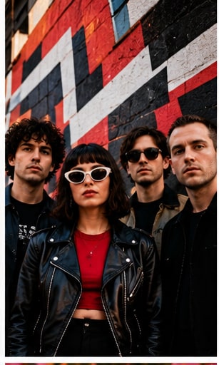 New York art-rock band BODEGA posing in front of a bold geometric graphic mural.