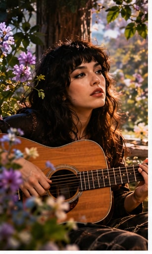 Australian singer-songwriter Carla Geneve playing acoustic guitar under trees in blooming purple flowers.