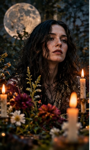 Songwriter Claire Cronin surrounded by white flowers and burning candles under a glowing full moon.