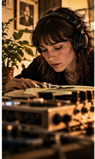 Experimental composer Claire Rousay wearing headphones while editing audio on an analog tape deck.