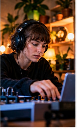 Swedish songwriter de clair wearing headphones while producing intimate music in her home studio.