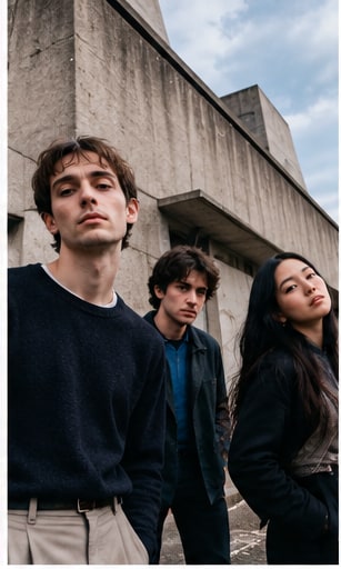 London art-pop trio Ebbb posing solemnly outside a brutalist concrete building.