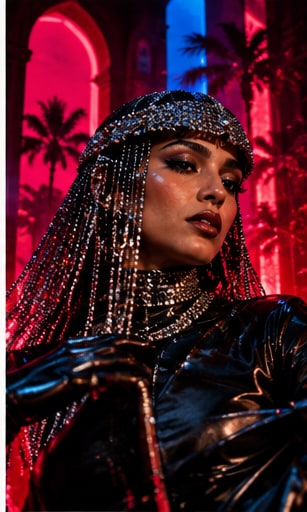 Composer Fatima Al Qadiri wearing an ornate beaded coin veil against neon arches and palm silhouettes.