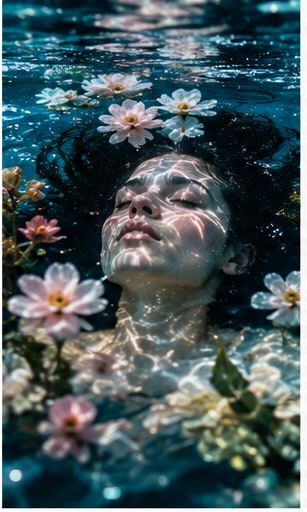 Ethereal submerged portrait of Liz Harris floating beneath water surrounded by blooming aquatic flowers.