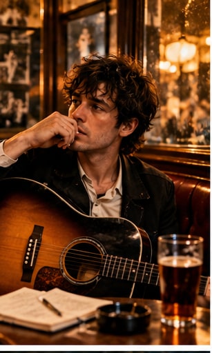 Jamie T sitting in a British pub booth with an acoustic guitar, pint of beer, and lyric notebook.