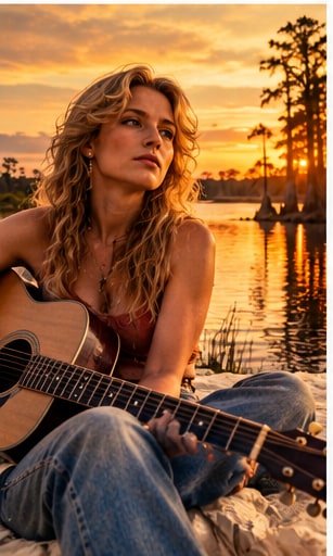 Folk songwriter Jess Kerber playing acoustic guitar at sunset by a Louisiana coastal wetland.