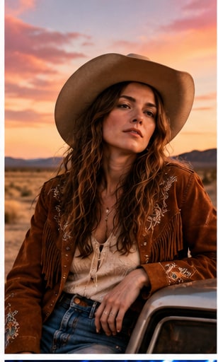 Jess Williamson wearing a cowboy hat and suede fringe jacket leaning against a truck in a desert landscape.