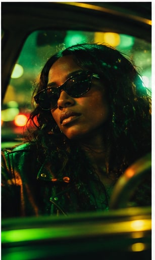 British rapper John Glacier wearing sunglasses inside a car against nocturnal London city lights.