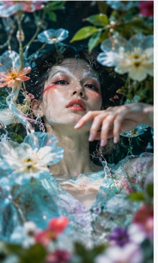 Catalan composer Marina Herlop floating peacefully in water amidst surreal blossoming white flowers.