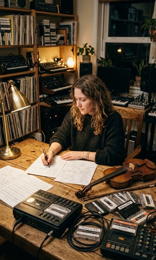 Experimental composer Mari Rubio seated at a studio desk with violin, cassette tapes, and sheet music.