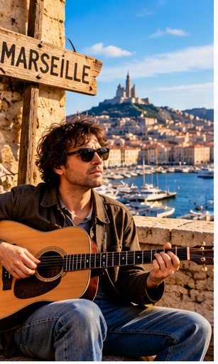 Andrew Savage playing acoustic guitar in Marseille with harbour and hillside cathedral in the background.