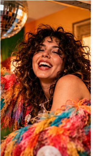 Remi Wolf smiling joyfully with wild curly hair, colorful feather boa, and a glittering disco ball.