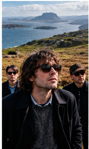 Scottish indie rock band Teenage Fanclub standing in the rugged coastal hills of Great Bernera.