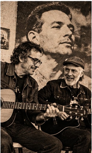 Jeff Tweedy and Billy Bragg with acoustic guitars before an archival mural of Woody Guthrie.