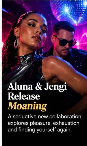 Electronic vocalist Aluna posing in a metallic club outfit alongside producer Jengi beneath a glittering disco ball.