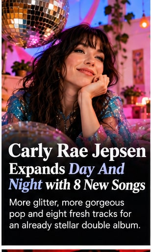 Carly Rae Jepsen smiling warmly resting chin on hand beside shimmering disco balls in an ethereal glowing room.
